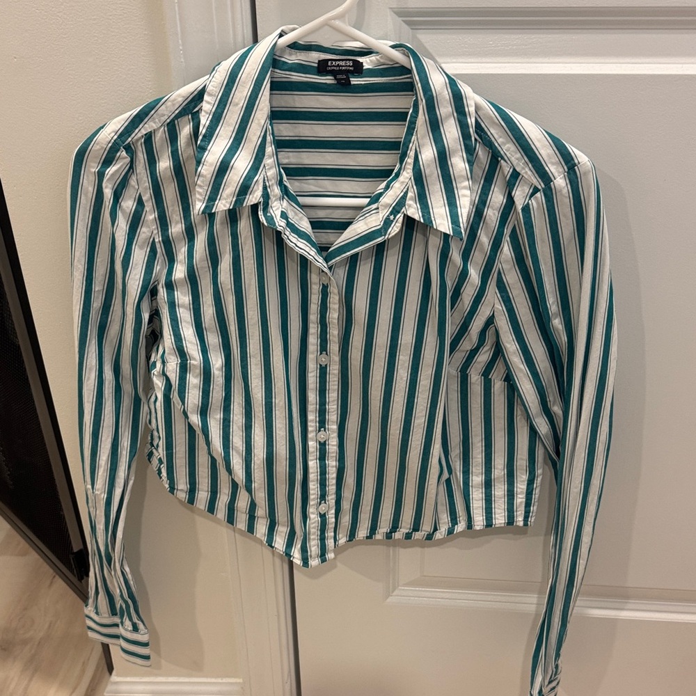 Express Teal and White Striped Button Down Shirt